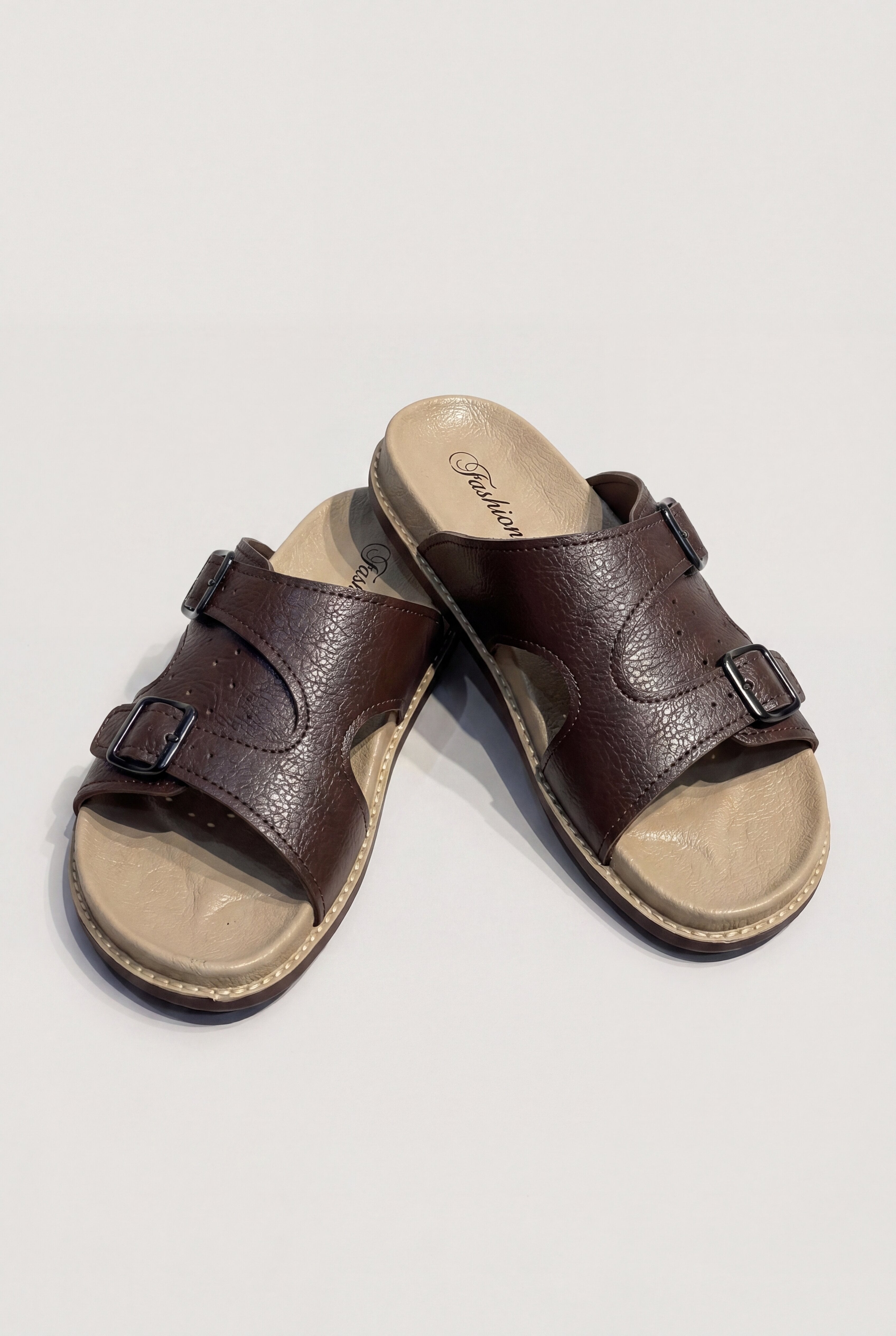 VELTA DOUBLE BUCKLE SLIDES - BROWN