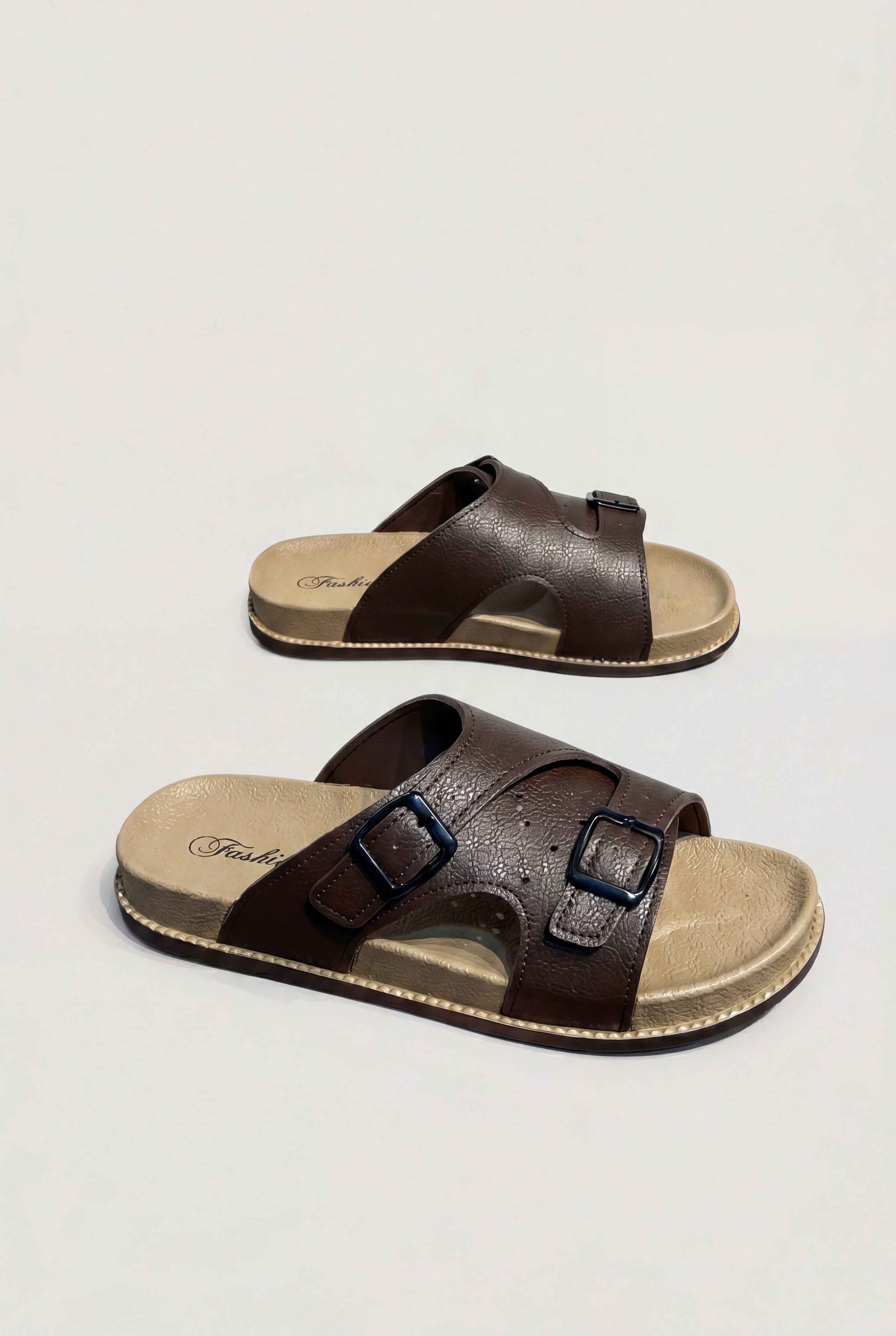 VELTA DOUBLE BUCKLE SLIDES - BROWN