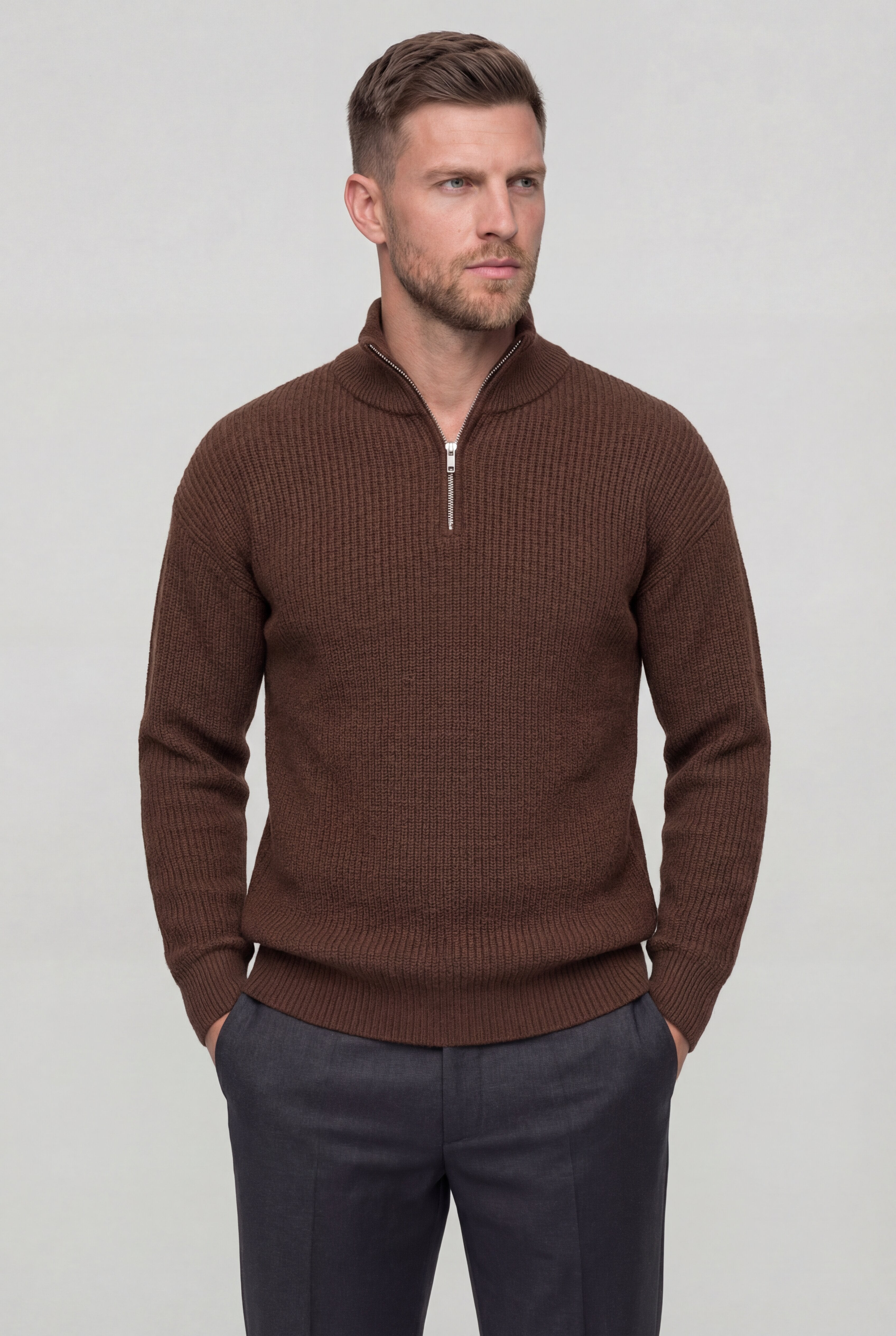 ZALVOR QUARTER ZIP SWEATER – BROWN