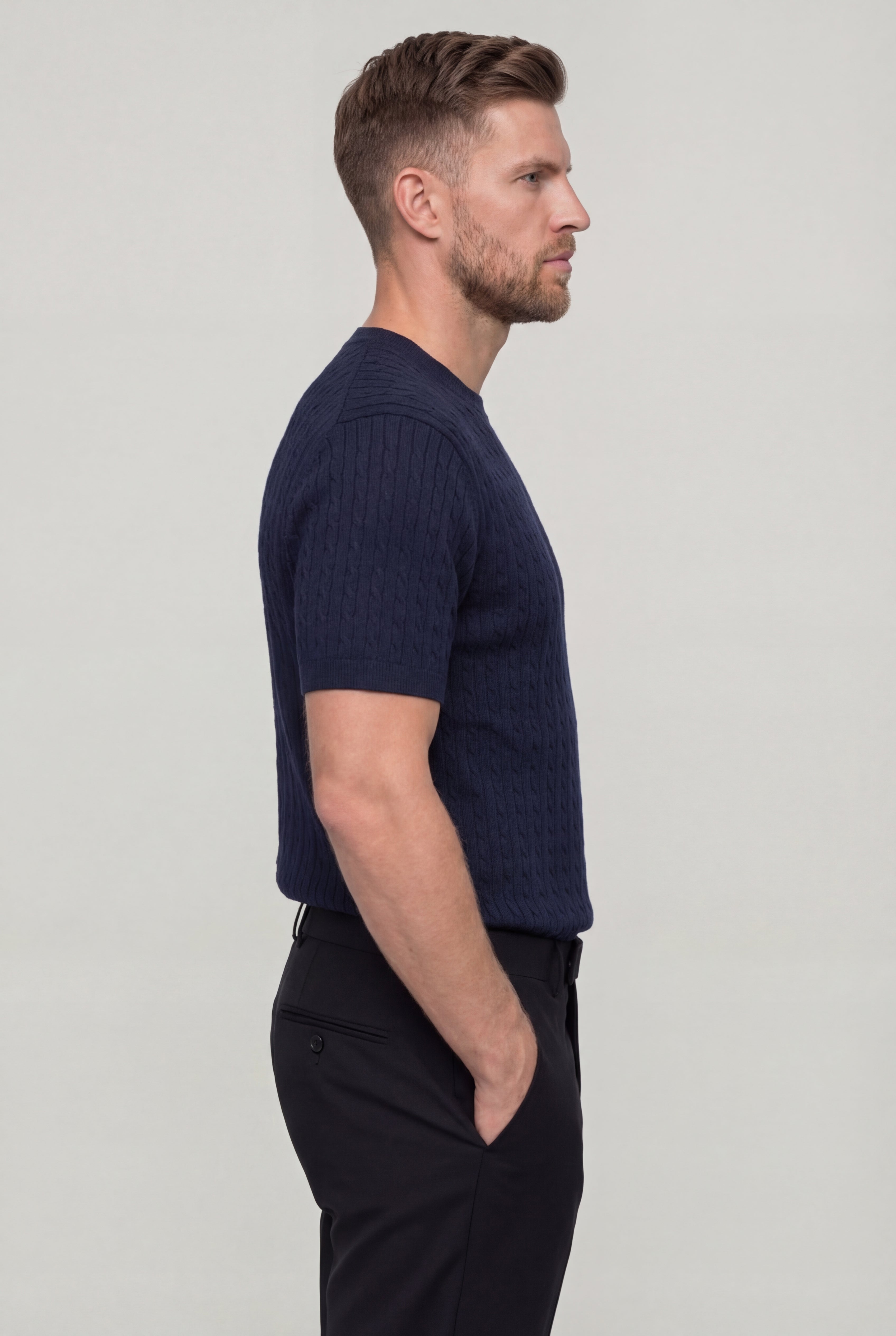 ZENTARO TEXTURED KNIT T-SHIRT - NAVY