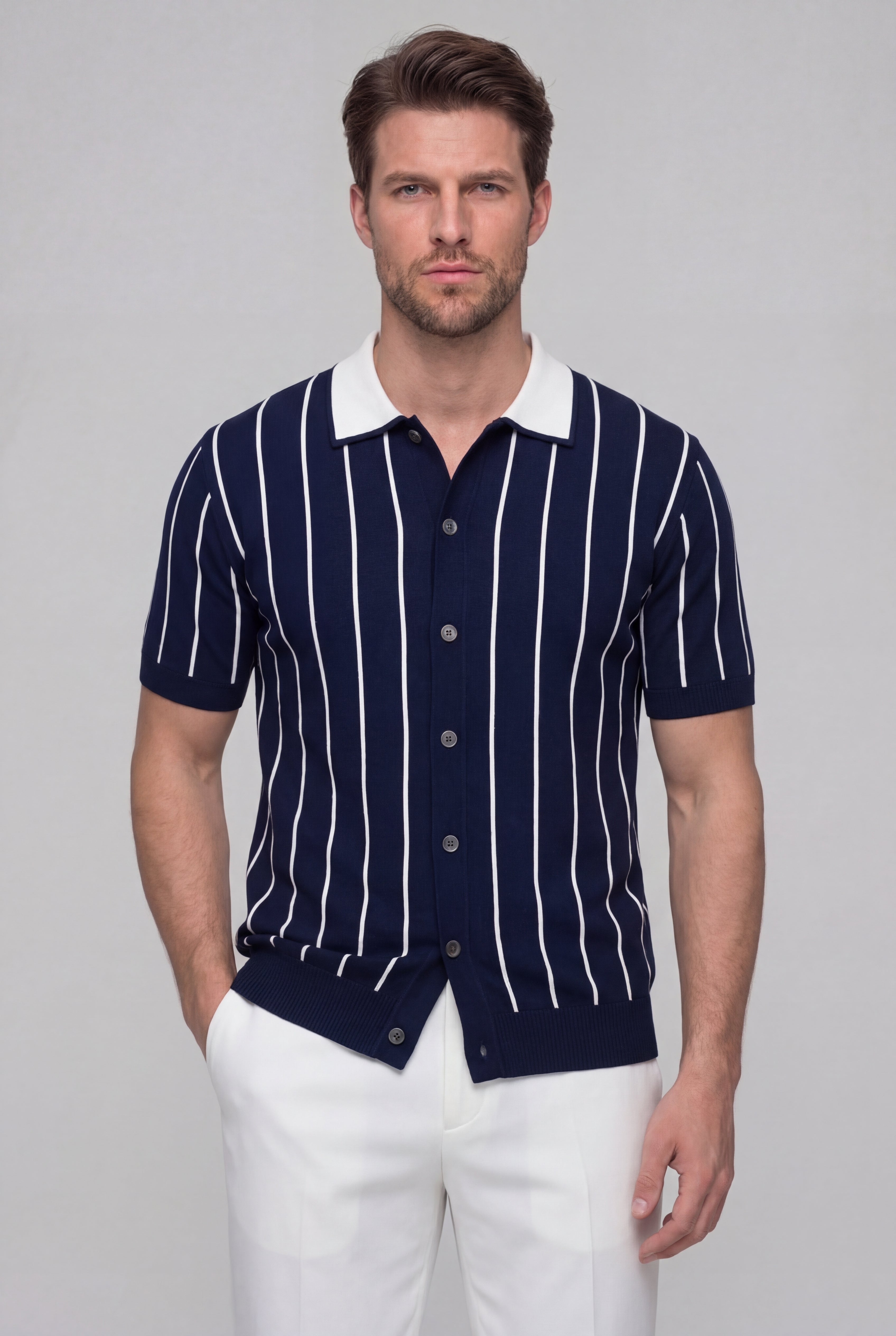 VELORIN STRIPED KNIT POLO SHIRT – NAVY