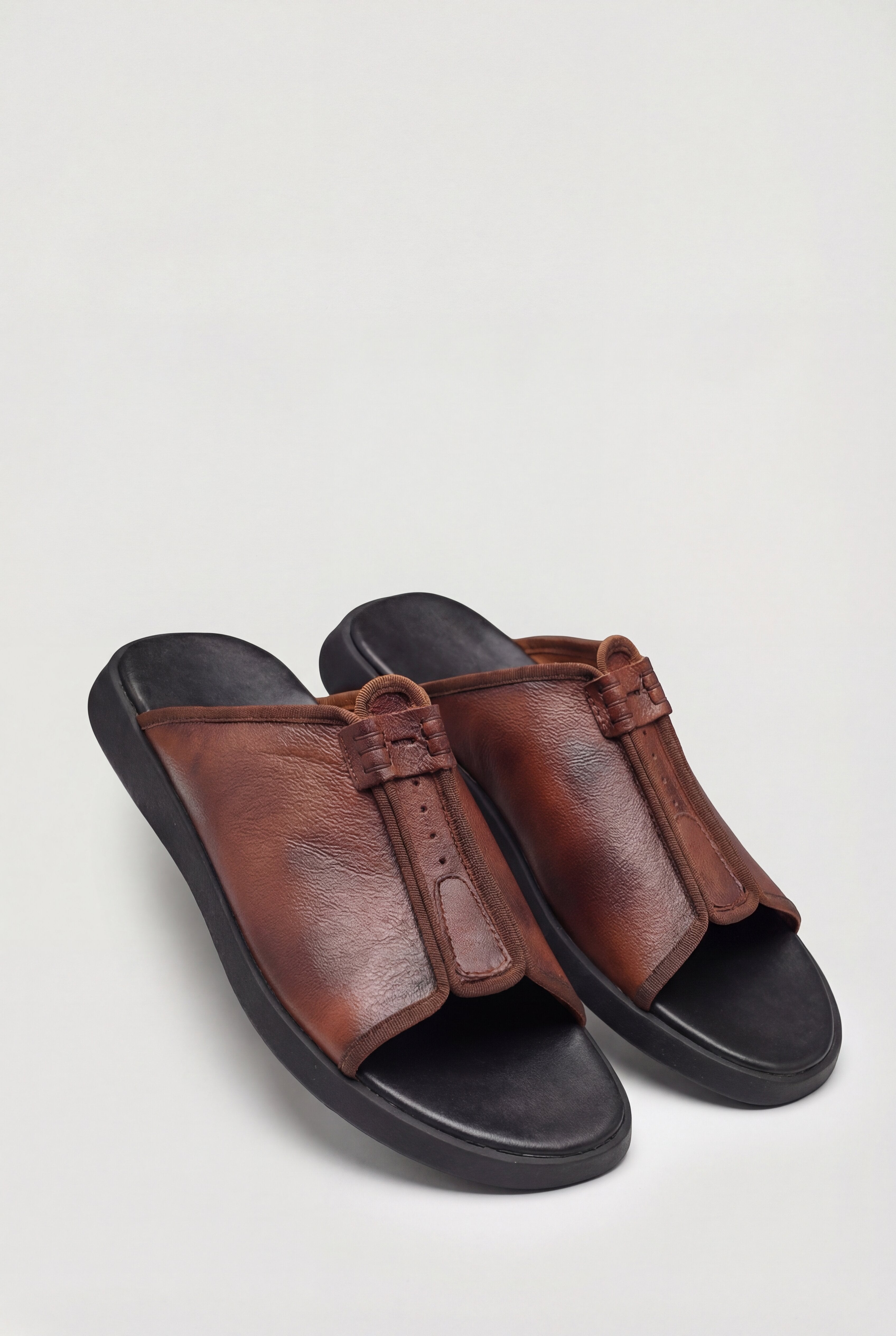 VELCANO LEATHER SLIDE SANDALS – BROWN